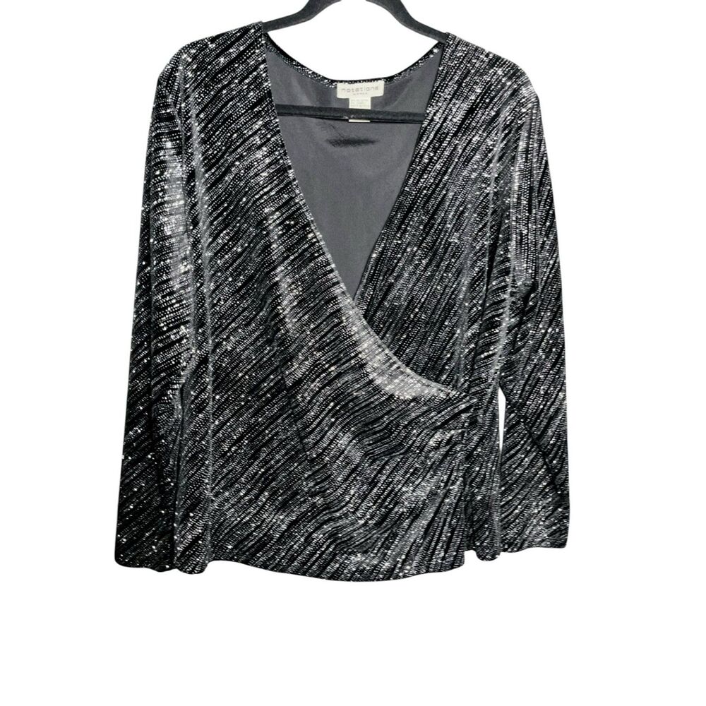 Notations Woman 1X Black Silver Glitter Faux Wrap Stretch Party Top Blouse